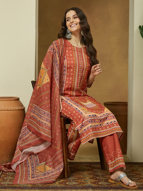 Janasya Women's Rust Cotton Blend Ethnic Motifs Printed Straight Kurta Set